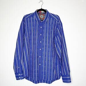 Robert Graham Striped & Embroidered Button Down Dress Shirt Men's Blue Size 2XL